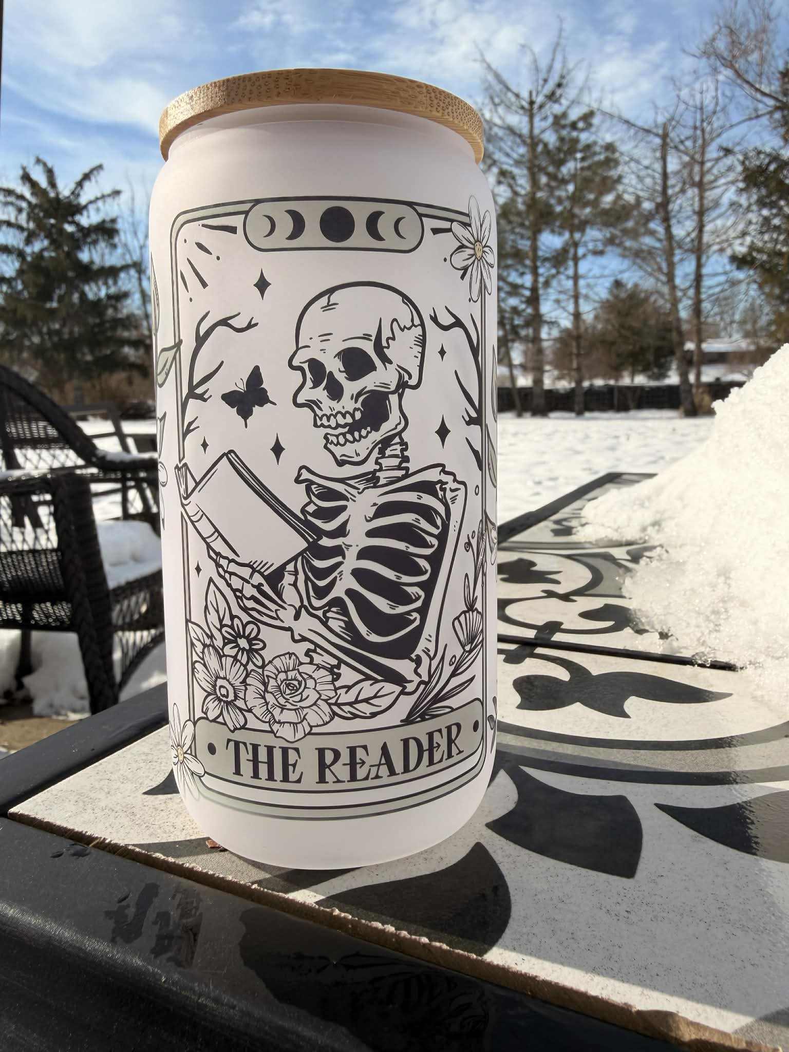 16 oz Skeleton Reader Glass Can Cup | Book Lover Gothic Tumbler