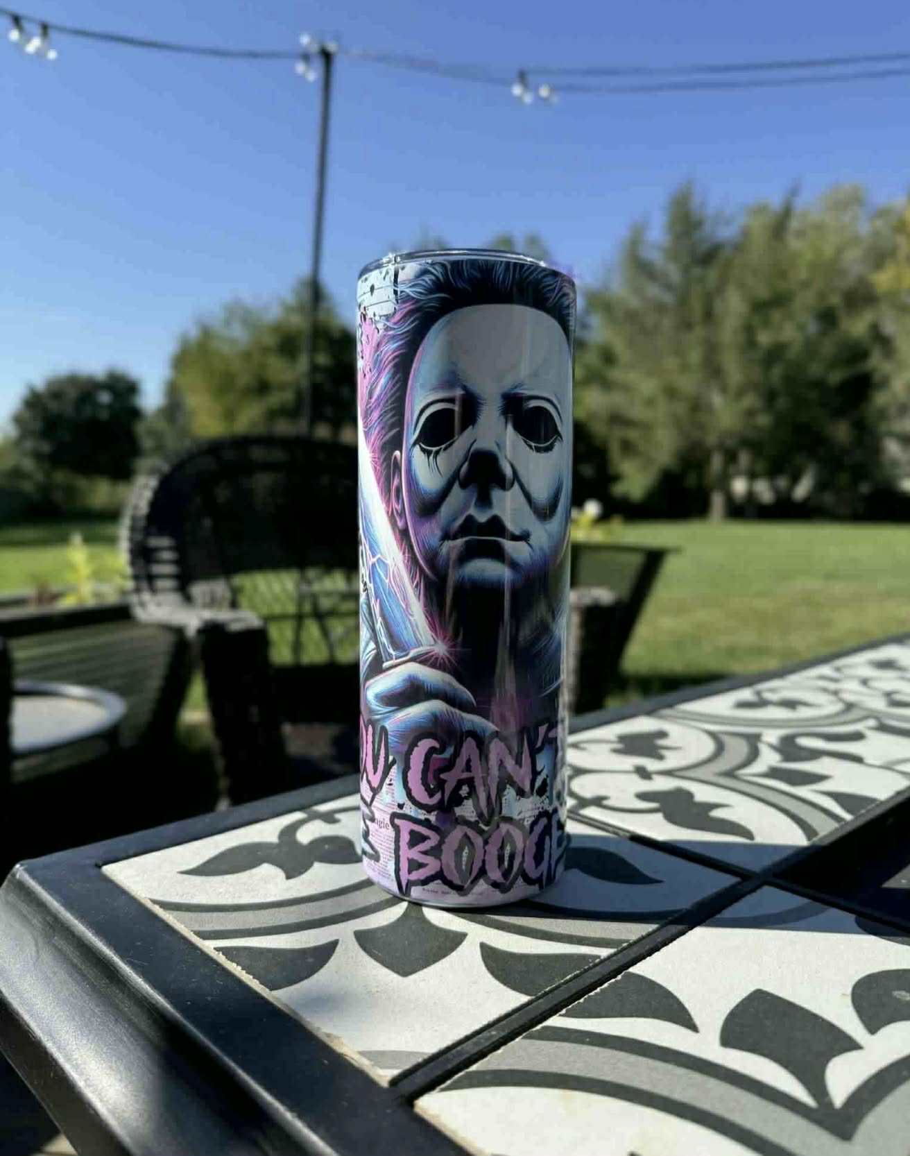 Michael Myers stainless steel tumbler with "You Can't Kill The Boogeyman" design and horror-themed artwork