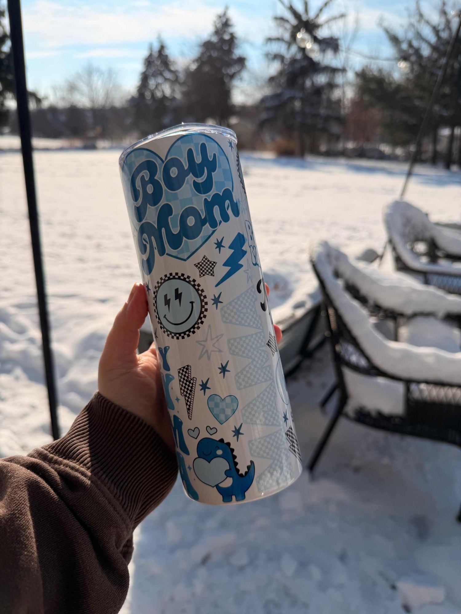 Boy Mom Era 20oz stainless steel insulated tumbler with retro blue graphics and fun mom phrases